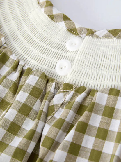 Green Plaid Fish Embroidered Baby Girls Smocked Dress Dress