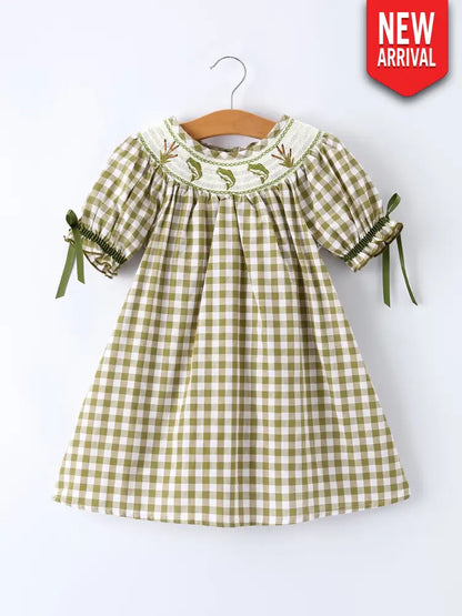 Green Plaid Fish Embroidered Baby Girls Smocked Dress Dress