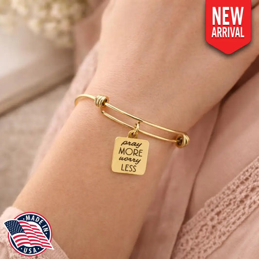 Pray More Worry Less Bracelet Christian Faith Jewelry Inspirational Religious Gift Gold Bangle Bracelet For Women