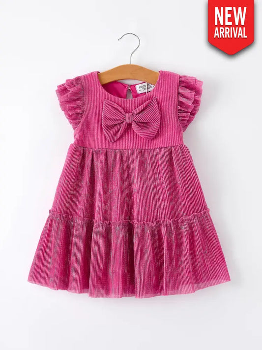 Girls Pink Bow Print Short Sleeve Dress Dress