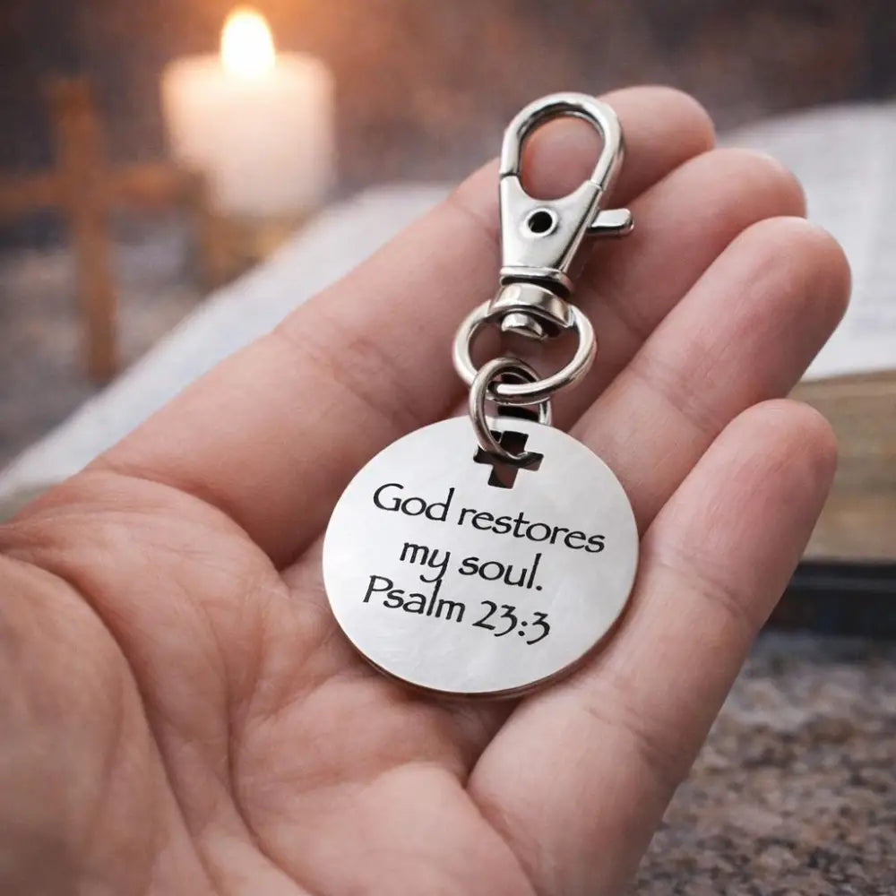 God Restores My Soul Psalm 23 3 Clip On Charm Stainless Steel Faith Charm Lobster Clasp Purse Charm Zipper Pull Bible