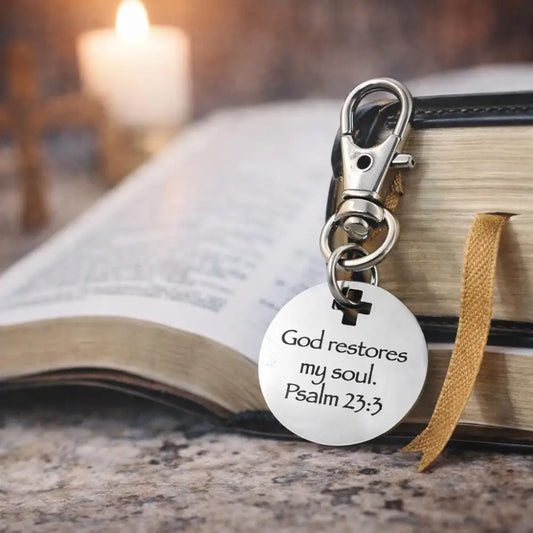 God Restores My Soul Psalm 23 3 Clip On Charm Stainless Steel Faith Charm Lobster Clasp Purse Charm Zipper Pull Bible
