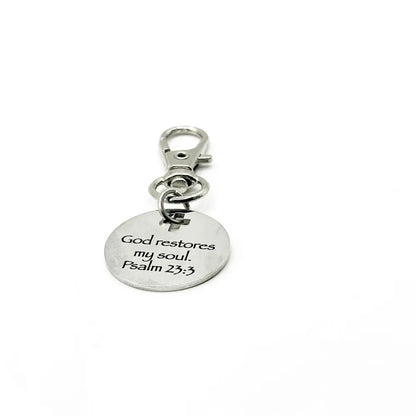 God Restores My Soul Psalm 23 3 Clip On Charm Stainless Steel Faith Charm Lobster Clasp Purse Charm Zipper Pull Bible