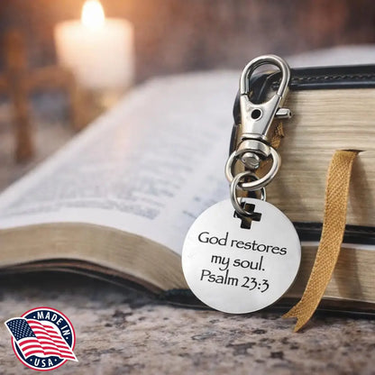 God Restores My Soul Psalm 23 3 Clip On Charm Stainless Steel Faith Charm Lobster Clasp Purse Charm Zipper Pull Bible