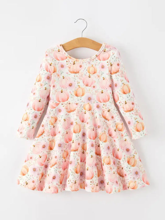 Fall Pink Pumpkin Girls Long Sleeve Twirl Dress - Dress