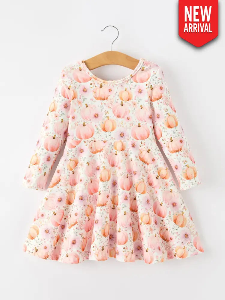 Fall Pink Pumpkin Girls Long Sleeve Twirl Dress - Dress