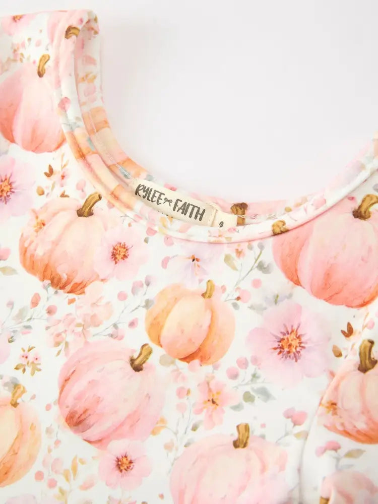 Fall Pink Pumpkin Girls Long Sleeve Twirl Dress - Dress