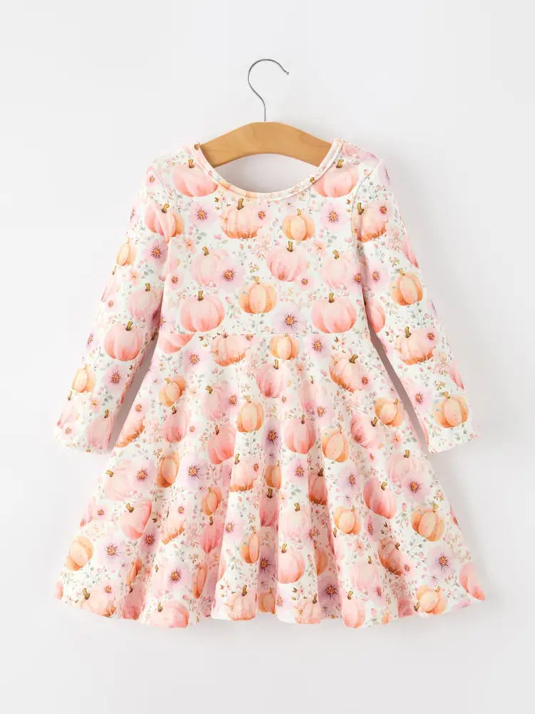 Fall Pink Pumpkin Girls Long Sleeve Twirl Dress - Dress