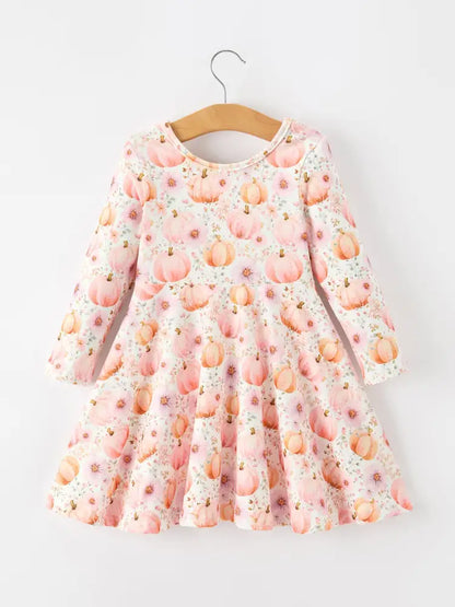 Fall Pink Pumpkin Girls Long Sleeve Twirl Dress - Dress