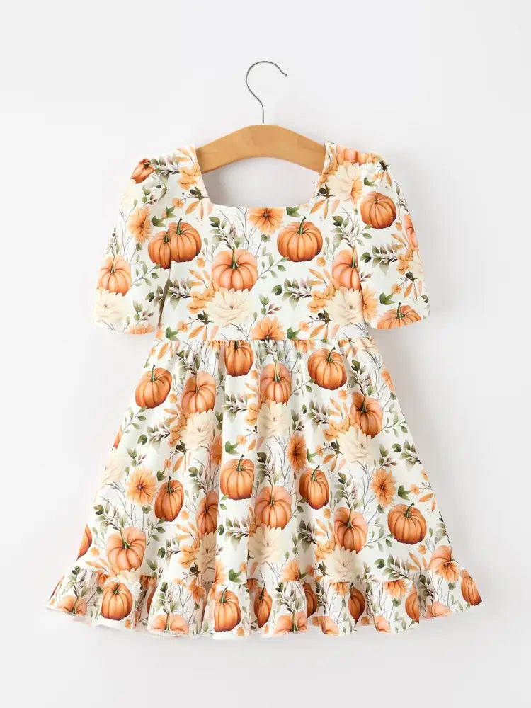 Fall Pumpkin Floral Girls Ruffle Hem Dress - Dress