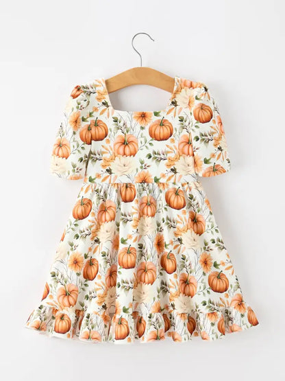 Fall Pumpkin Floral Girls Ruffle Hem Dress - Dress
