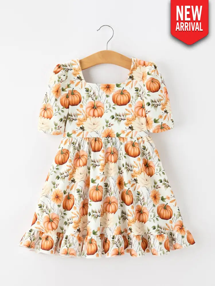 Fall Pumpkin Floral Girls Ruffle Hem Dress - Dress