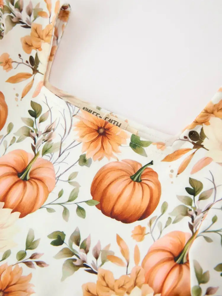Fall Pumpkin Floral Girls Ruffle Hem Dress - Dress