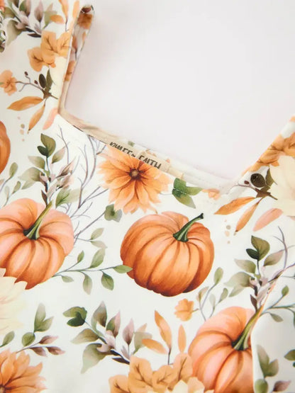 Fall Pumpkin Floral Girls Ruffle Hem Dress - Dress