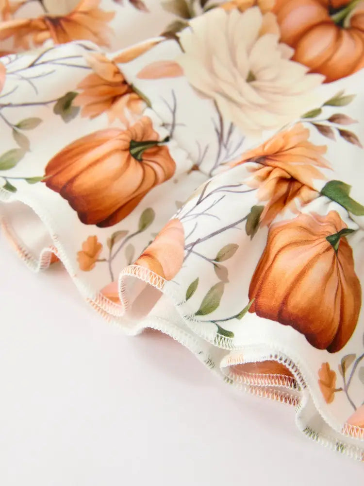 Fall Pumpkin Floral Girls Ruffle Hem Dress - Dress