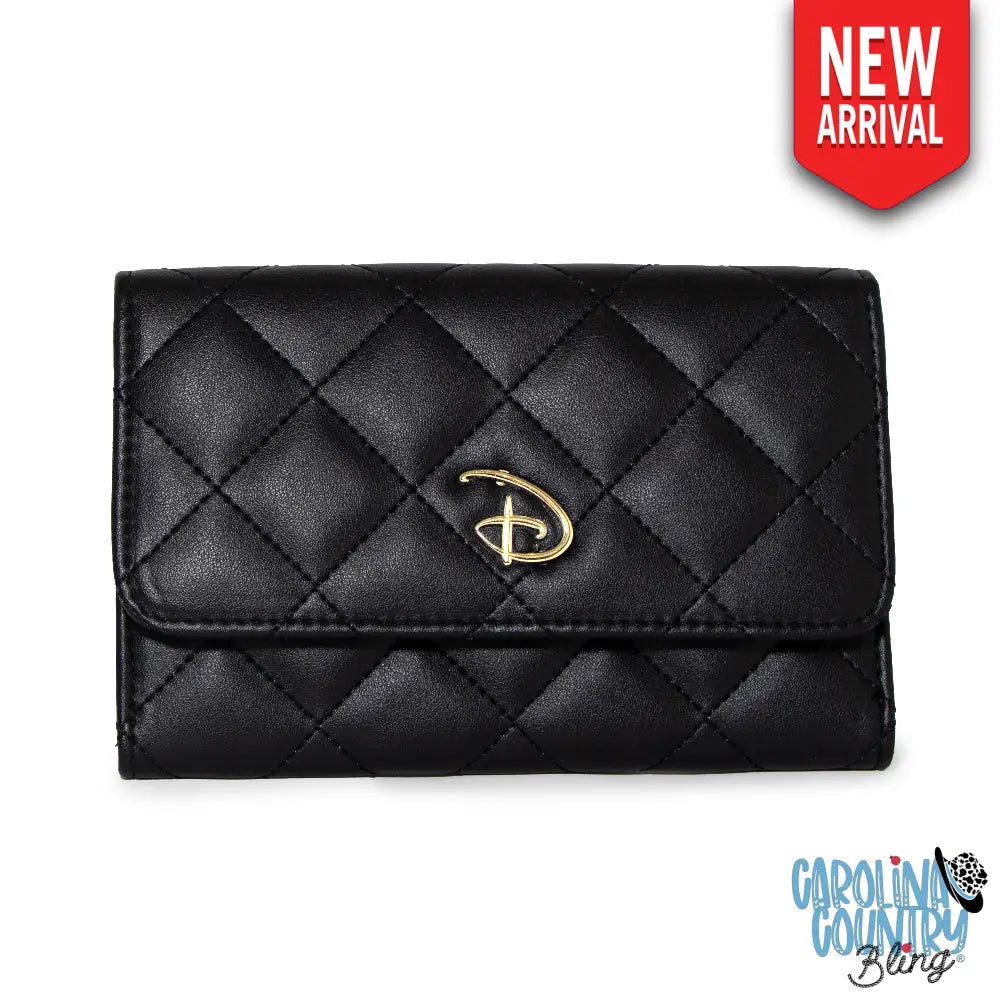 Women’s Fold Over Wallet Rectangle Quilted PU - Disney Signature D Logo Gold Enamel Clutch Snap Closure Wallets