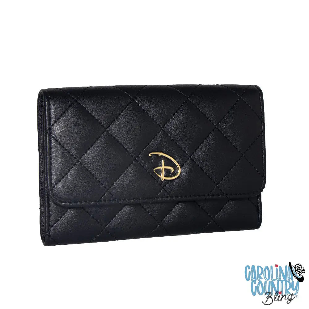 Women’s Fold Over Wallet Rectangle Quilted PU - Disney Signature D Logo Gold Enamel Clutch Snap Closure Wallets