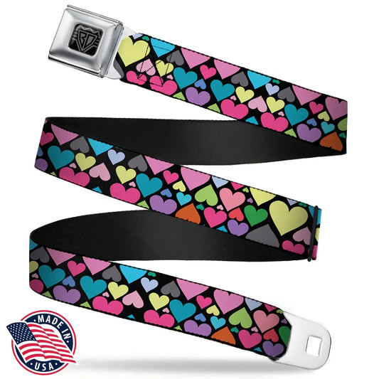 BD Wings Logo CLOSE-UP Full Color Black Silver Seatbelt Belt - Hearts Black/Multi Color Webbing Seatbelt Belts