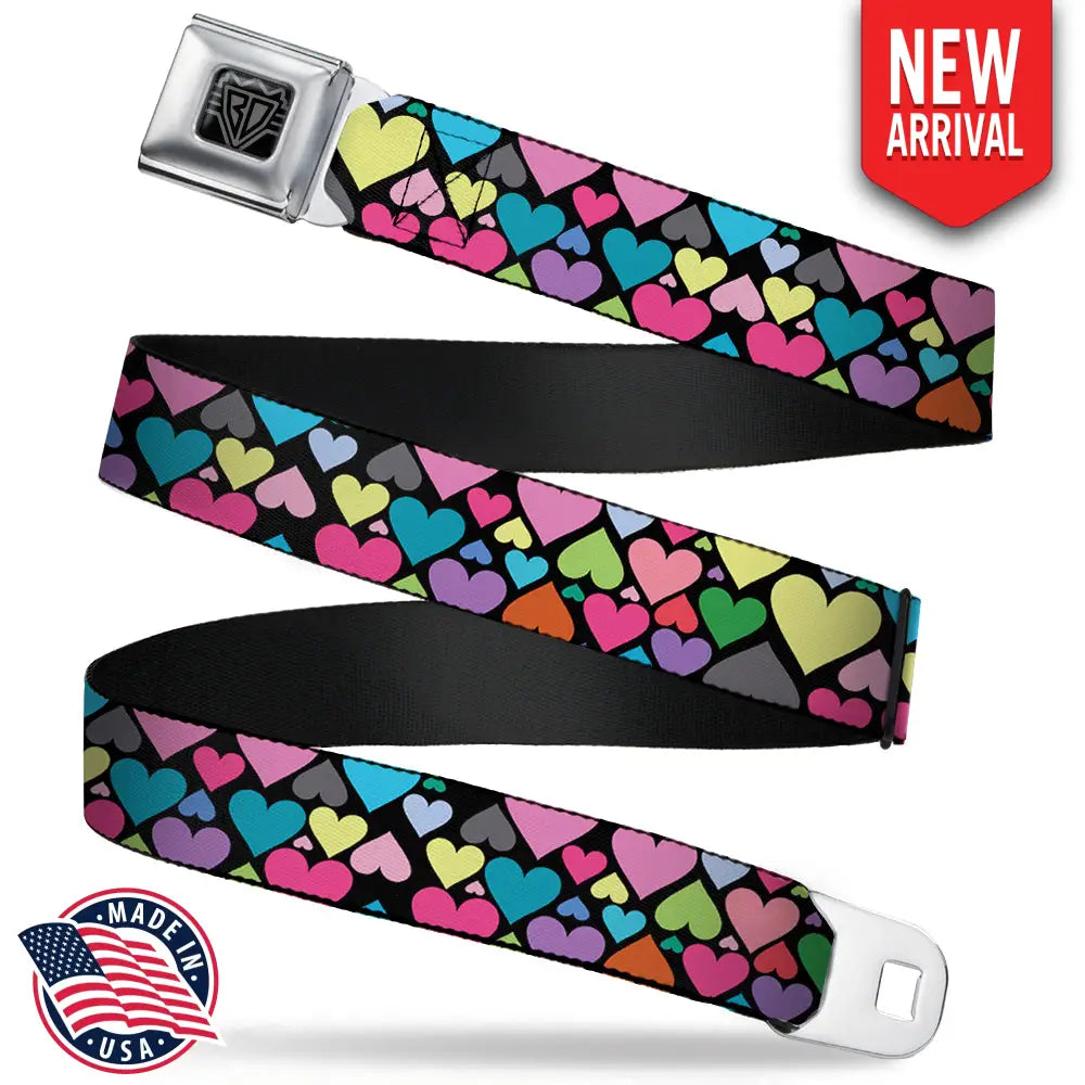 BD Wings Logo CLOSE-UP Full Color Black Silver Seatbelt Belt - Hearts Black/Multi Color Webbing Seatbelt Belts