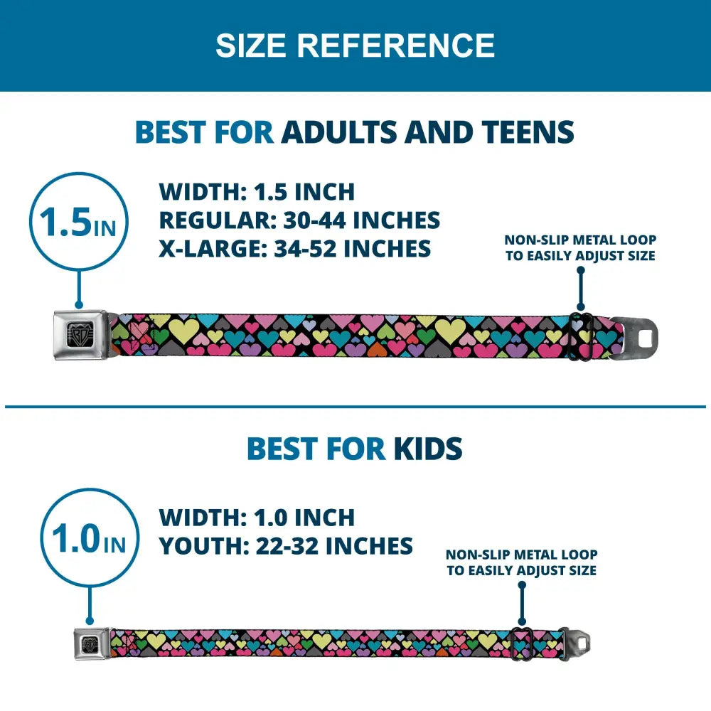 BD Wings Logo CLOSE-UP Full Color Black Silver Seatbelt Belt - Hearts Black/Multi Color Webbing Seatbelt Belts
