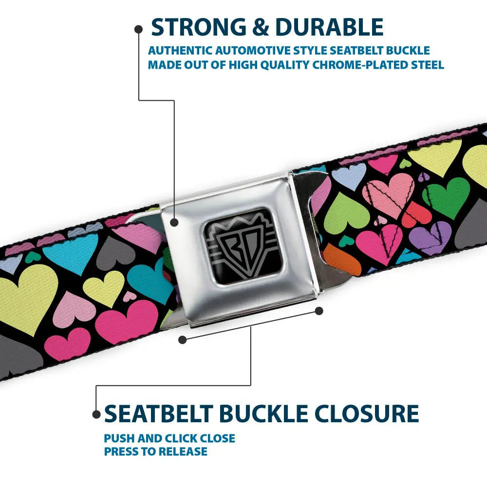 BD Wings Logo CLOSE-UP Full Color Black Silver Seatbelt Belt - Hearts Black/Multi Color Webbing Seatbelt Belts
