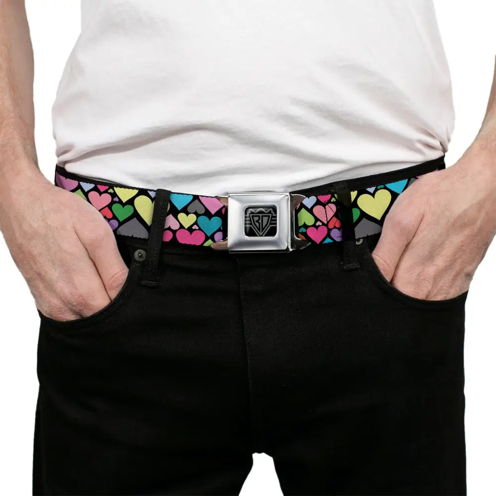 BD Wings Logo CLOSE-UP Full Color Black Silver Seatbelt Belt - Hearts Black/Multi Color Webbing Seatbelt Belts