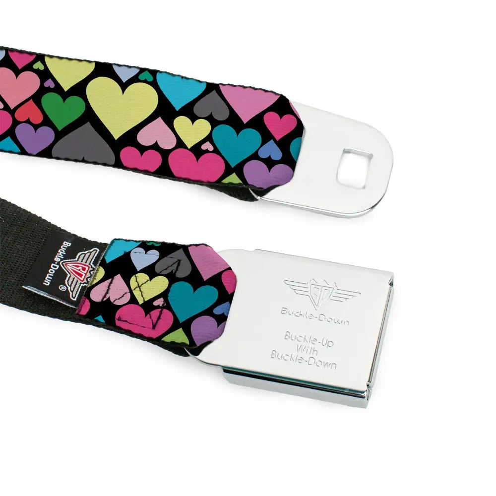 BD Wings Logo CLOSE-UP Full Color Black Silver Seatbelt Belt - Hearts Black/Multi Color Webbing Seatbelt Belts