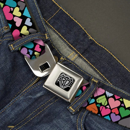 BD Wings Logo CLOSE-UP Full Color Black Silver Seatbelt Belt - Hearts Black/Multi Color Webbing Seatbelt Belts