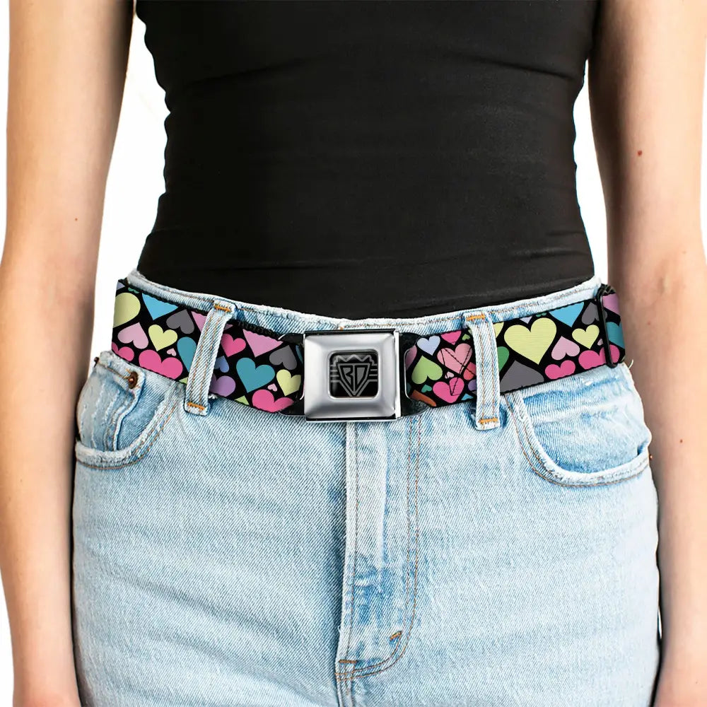 BD Wings Logo CLOSE-UP Full Color Black Silver Seatbelt Belt - Hearts Black/Multi Color Webbing Seatbelt Belts