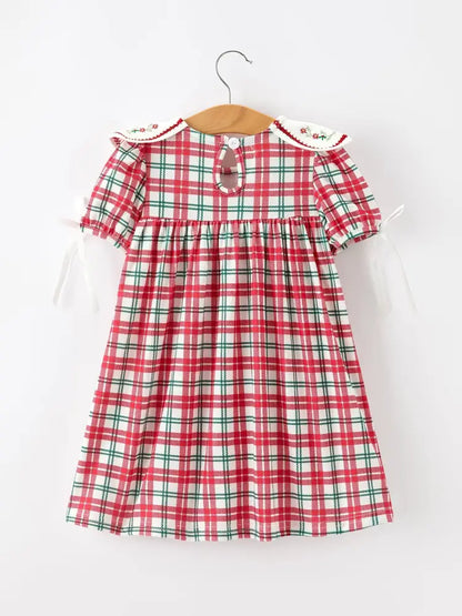 Red Christmas Plaid Wreath Embroidered Girl Dress - Dress