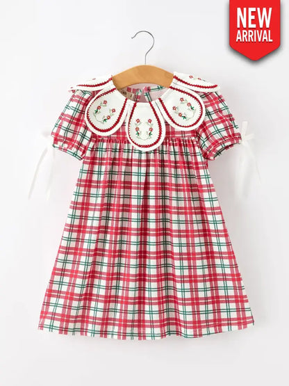 Red Christmas Plaid Wreath Embroidered Girl Dress - Dress