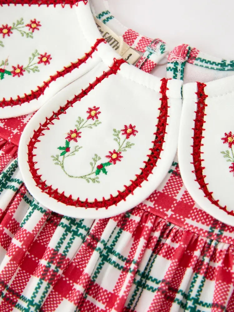 Red Christmas Plaid Wreath Embroidered Girl Dress - Dress