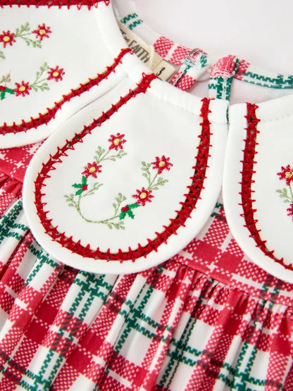 Red Christmas Plaid Wreath Embroidered Girl Dress - Dress