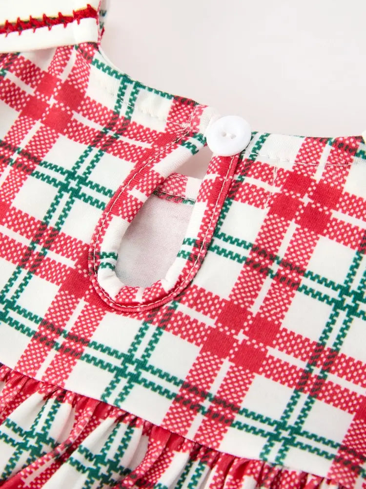 Red Christmas Plaid Wreath Embroidered Girl Dress - Dress