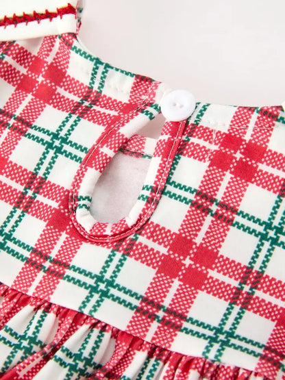 Red Christmas Plaid Wreath Embroidered Girl Dress - Dress