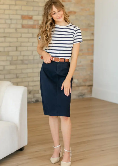 Remi Navy Denim Midi Skirt - IC Skirts