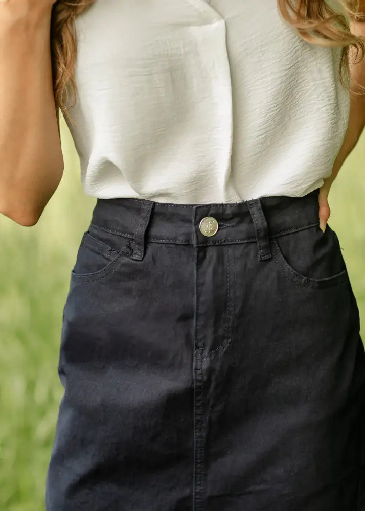 Remi Navy Denim Midi Skirt - IC Skirts