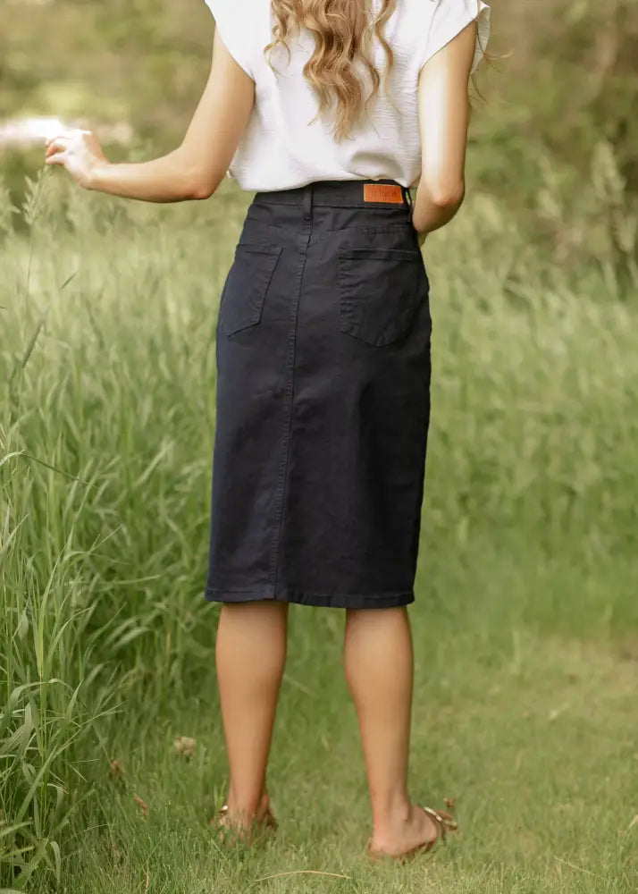 Remi Navy Denim Midi Skirt - IC Skirts