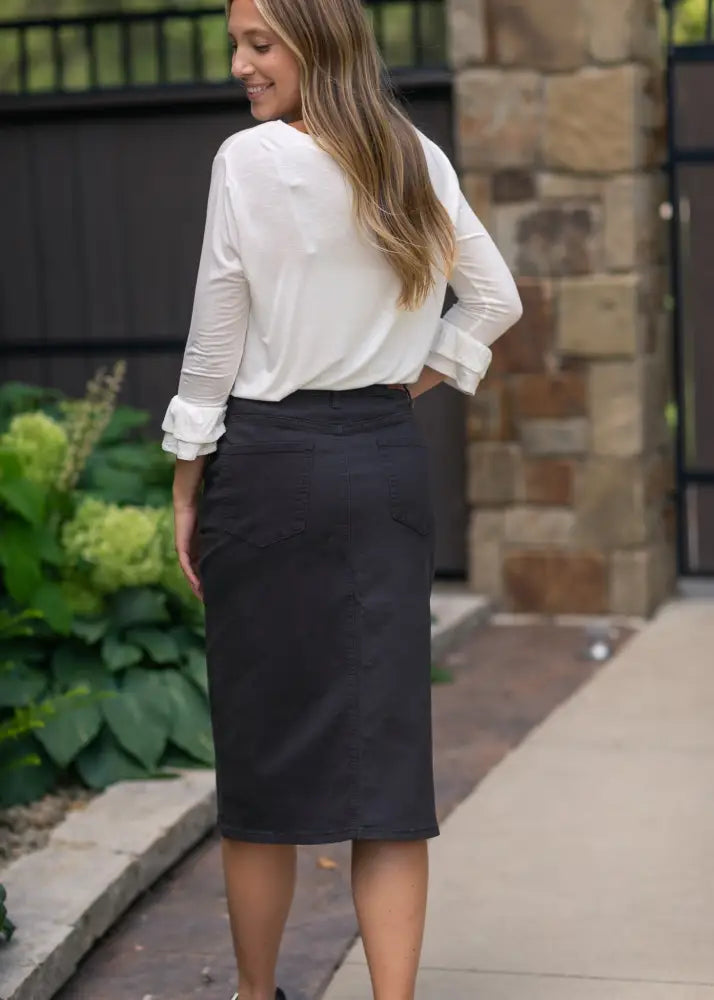 Remi Onyx Black Denim Midi Skirt - IC Skirts