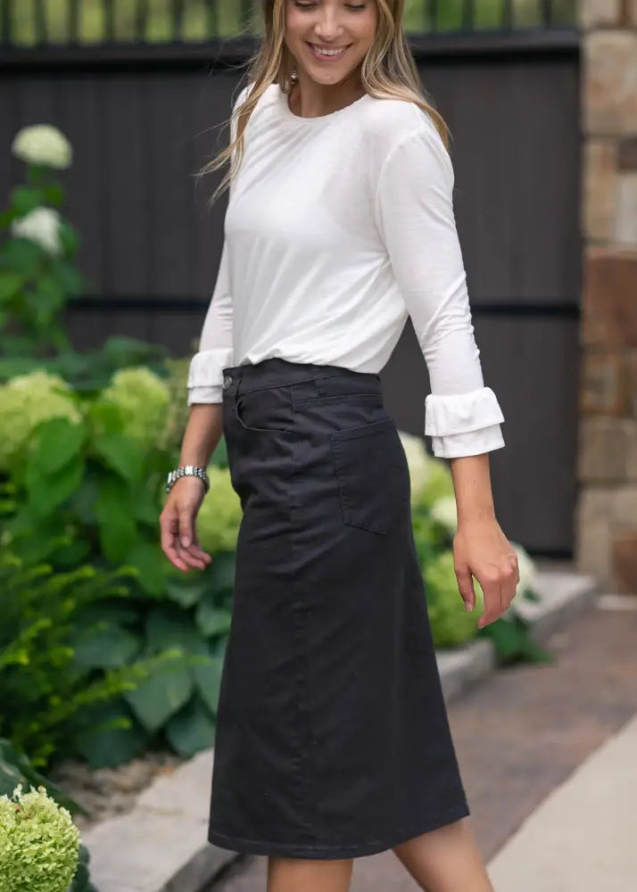 Remi Onyx Black Denim Midi Skirt - IC Skirts