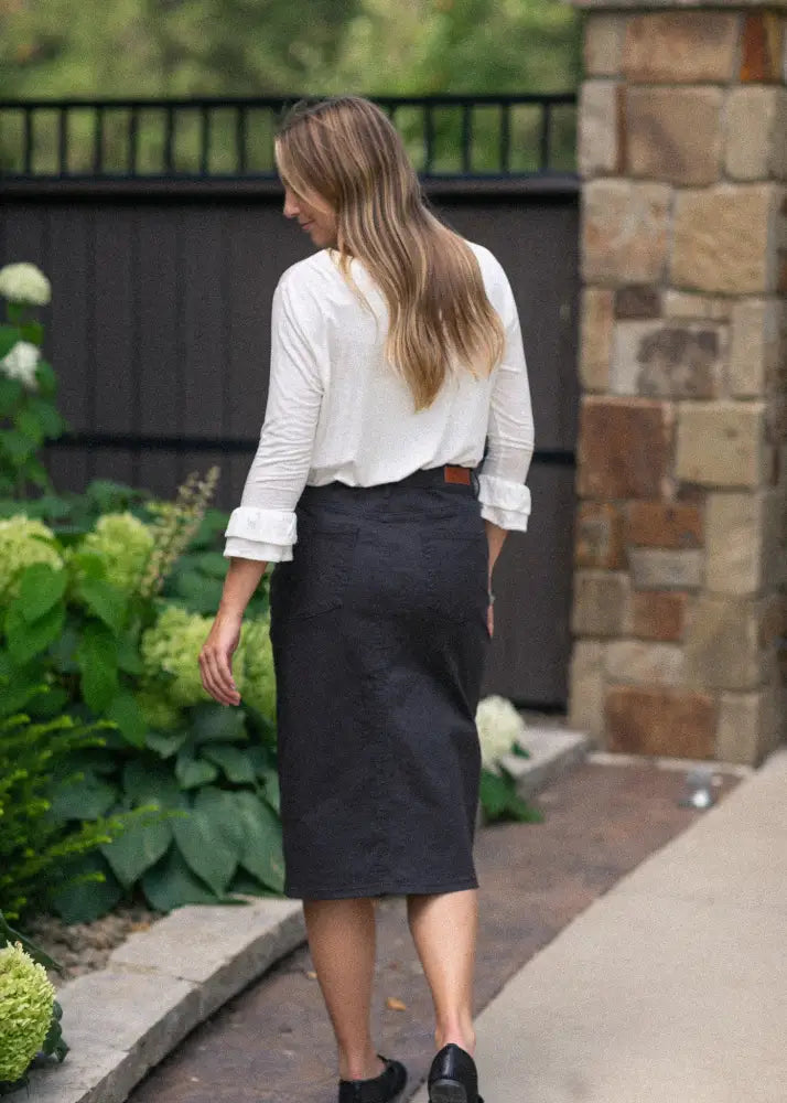 Remi Onyx Black Denim Midi Skirt - IC Skirts
