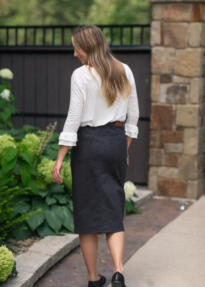 Remi Onyx Black Denim Midi Skirt - IC Skirts