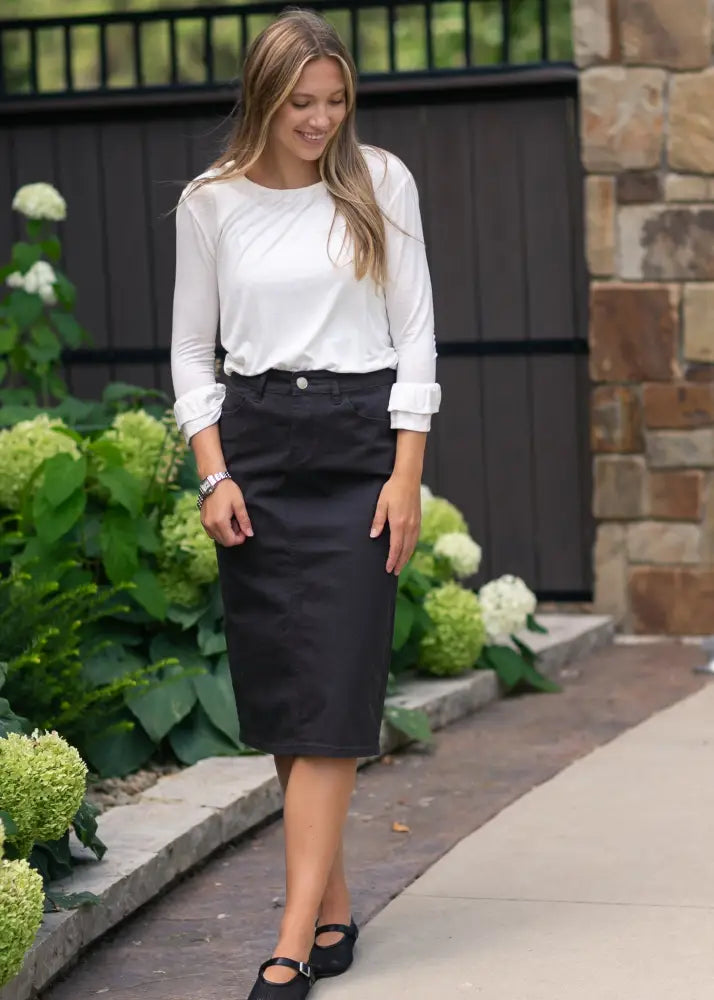 Remi Onyx Black Denim Midi Skirt - IC Skirts
