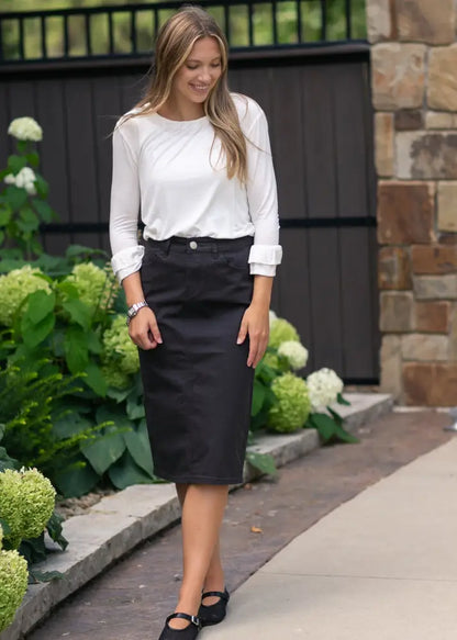 Remi Onyx Black Denim Midi Skirt - IC Skirts