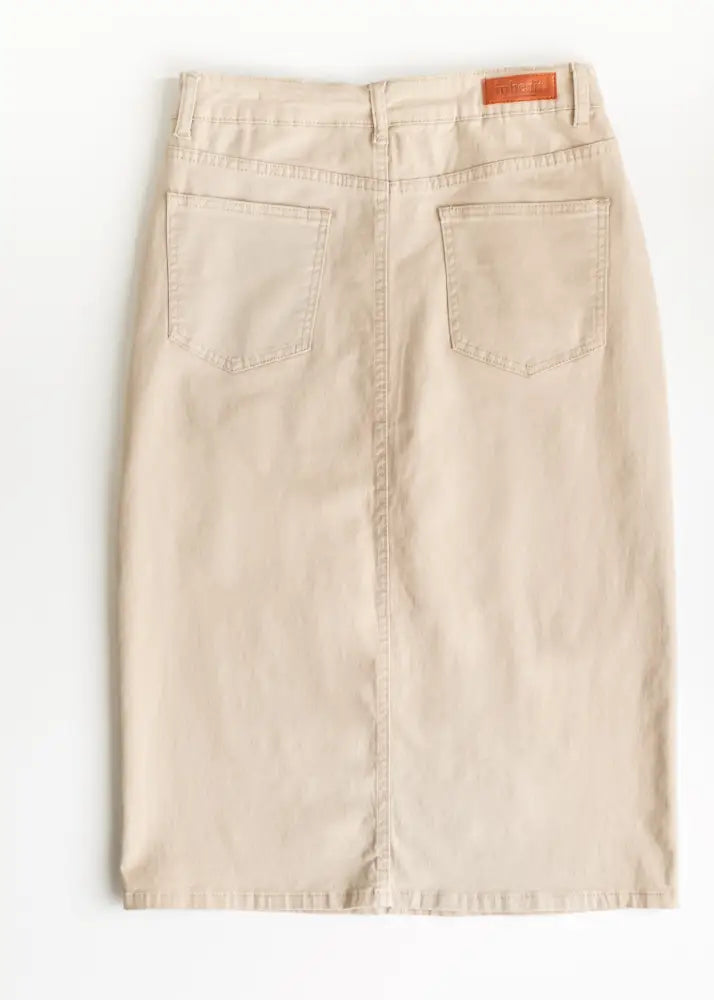 Remi Simply Taupe Denim Midi Skirt - IC Skirts
