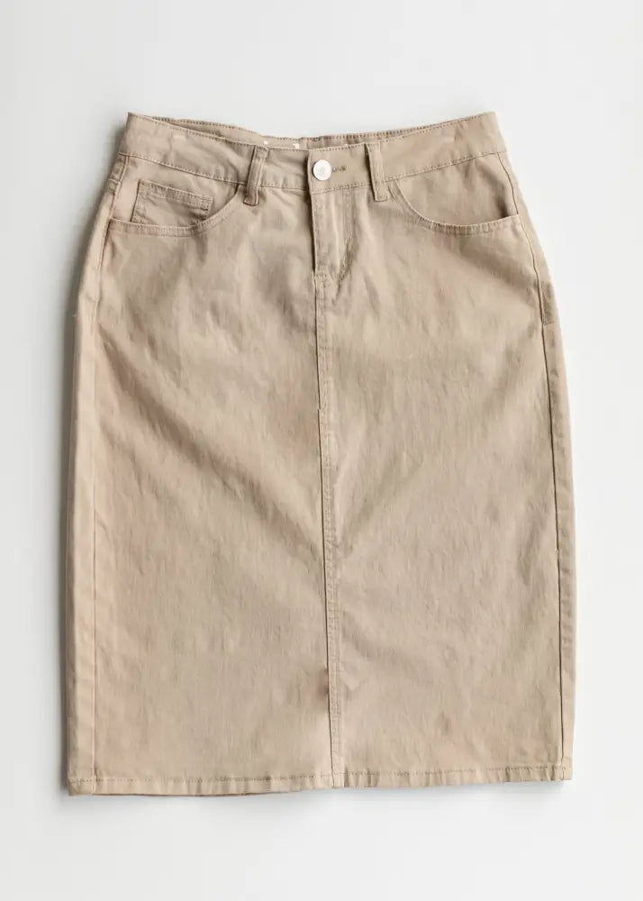 Remi Simply Taupe Denim Midi Skirt - IC Skirts