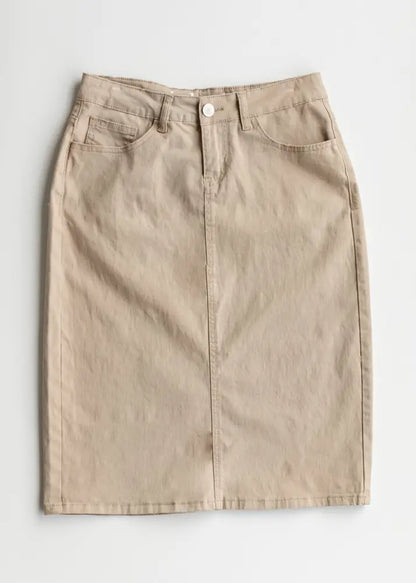 Remi Simply Taupe Denim Midi Skirt - IC Skirts