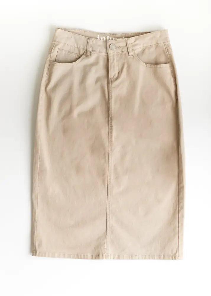 Remi Simply Taupe Denim Midi Skirt - IC Skirts