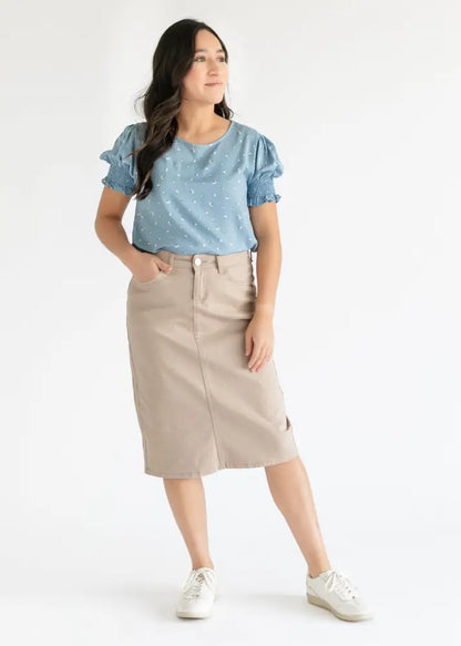 Remi Simply Taupe Denim Midi Skirt - IC Skirts