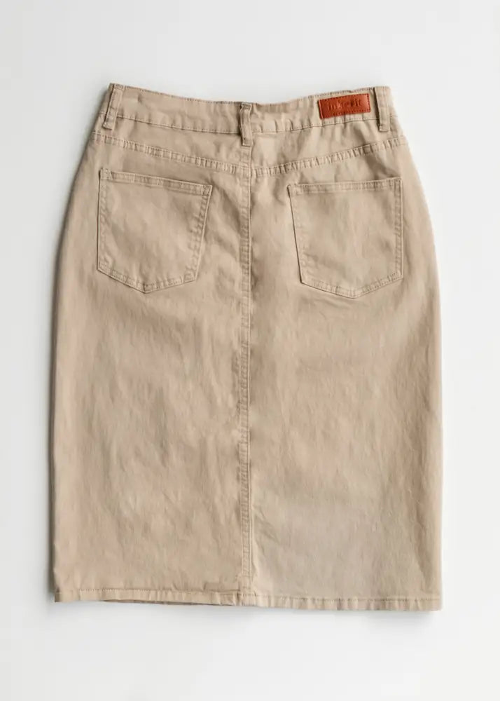Remi Simply Taupe Denim Midi Skirt - IC Skirts